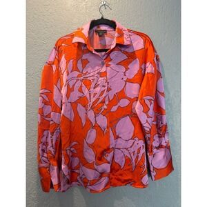 House of Harlow 1960 Orange Lavender Floral Satin Button Down Shirt Medium